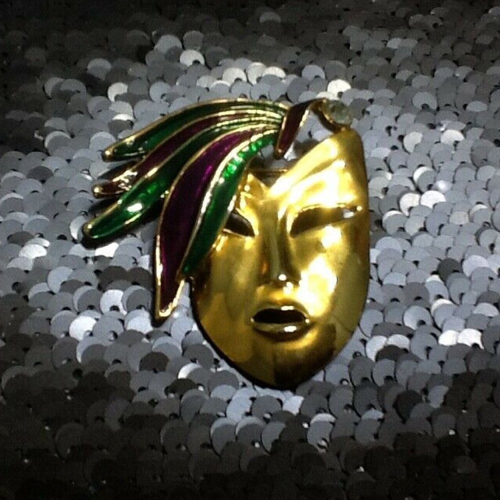 Masquerade Theater Mardi Gras Goldtone Mask Brooch
